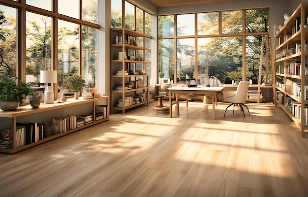un piano cucina con pavimento in legno e ampie finestre