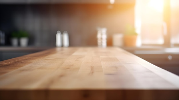 Un piano di lavoro in legno in una cucina con un sole splendente che splende su di esso.