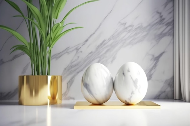 Un piano di lavoro in marmo bianco con sopra due uova e una pianta nell'angolo