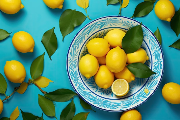 Un piano piatto con uno sfondo blu vibrante con un design sorprendente di motivi di limoni freschi