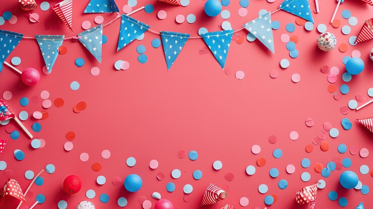 Foto un piano piatto di cappelli e strisce di confetti blu e rossi su uno sfondo rosa con spazio di copia al centro