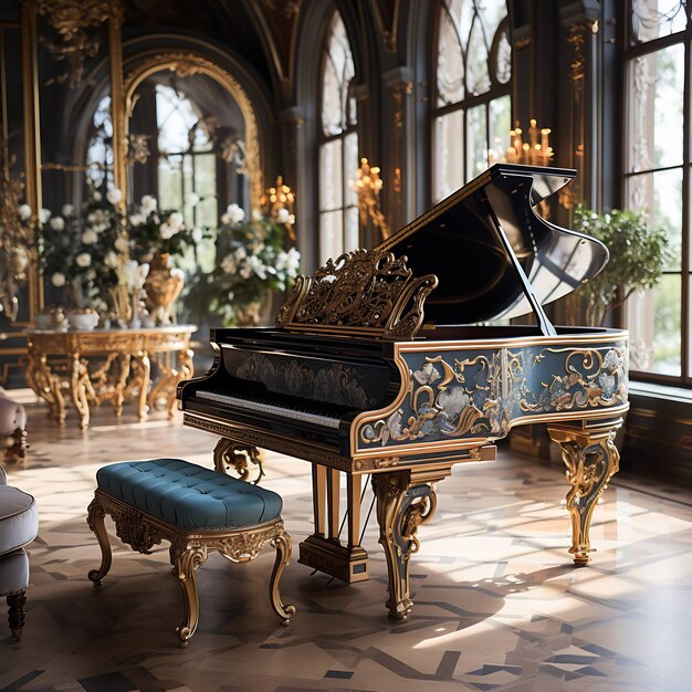 un pianoforte a coda con una panca blu e accenti dorati e dorati