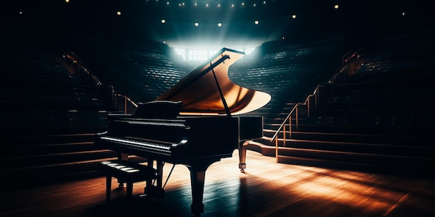 Un pianoforte a coda si trova su un palco di fronte a un palco con una luce accesa.