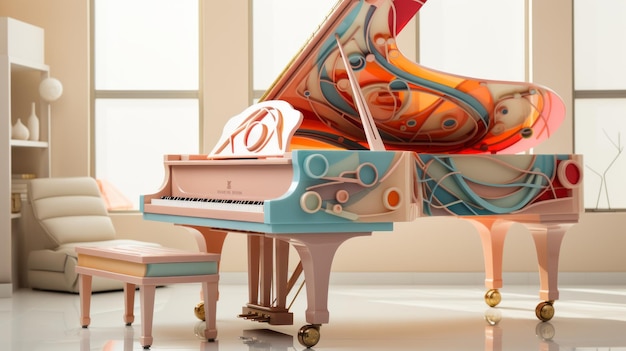 Un pianoforte colorato con uno sgabello