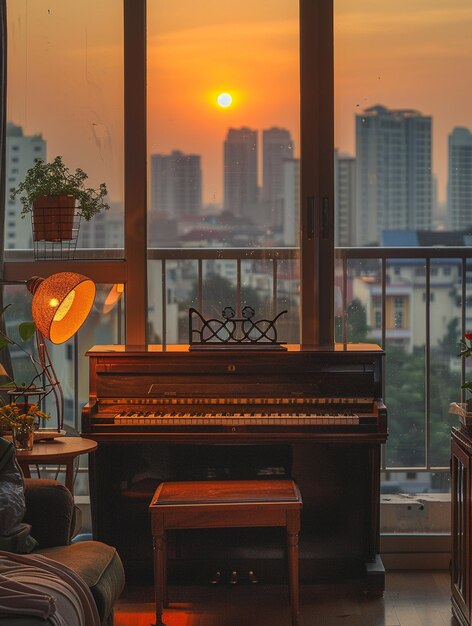 un pianoforte e una sedia di fronte al mare al tramonto