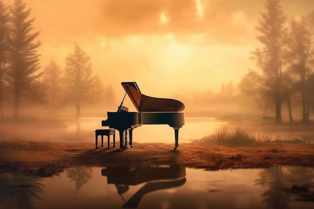 Un pianoforte in campo con nebbia e pozze d'acqua