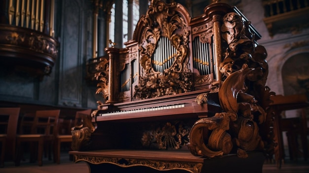 Un pianoforte in una chiesa con sopra un orologio