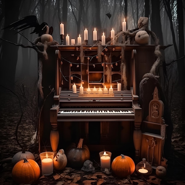 Un pianoforte in una foresta oscura con zucche e candele.