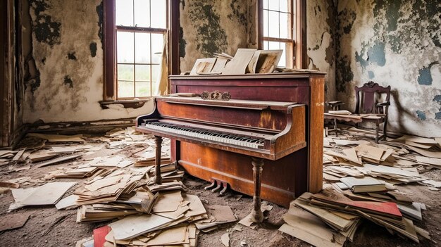 Un pianoforte in una stanza abbandonata con tante carte sul pavimento.