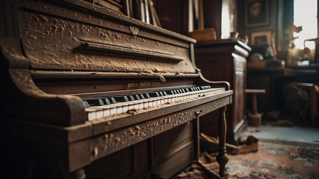 Un pianoforte in una stanza buia con la parola pianoforte sul davanti.