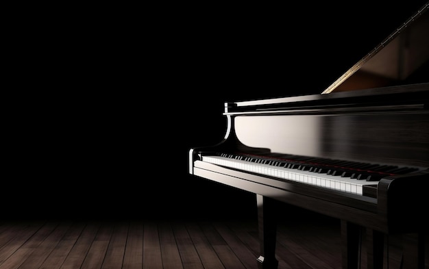 Un pianoforte in una stanza buia con uno sfondo nero e la parola pianoforte sul lato sinistro.