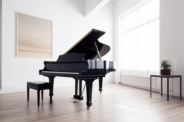 Un pianoforte in una stanza con un quadro alla parete