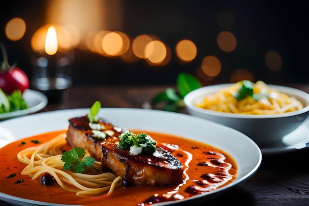 un piattino di cibo con un piatto di cibo con riso giallo e una ciotola di riso