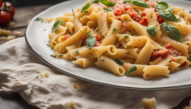 un piattino di pasta con un piatto di pasta e pomodori