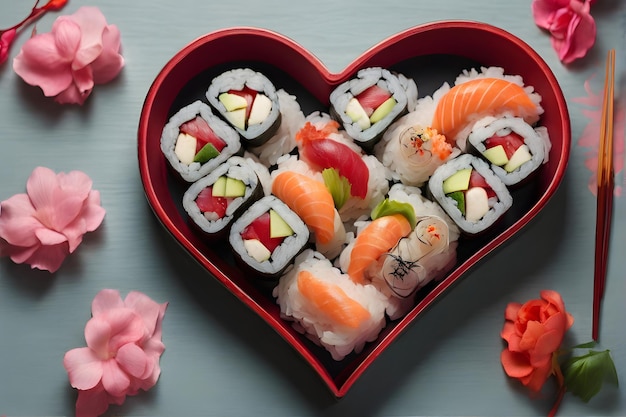 Un piatto a forma di cuore con del sushi sul tavolo.