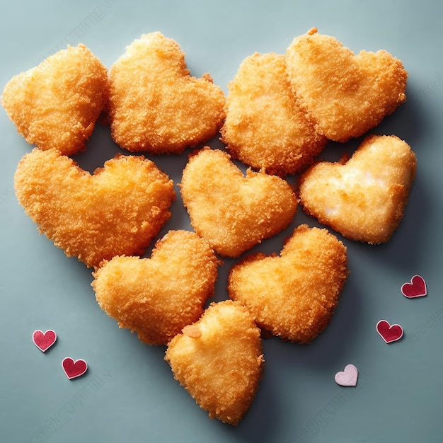 Un piatto a forma di cuore con pepite di pollo sopra