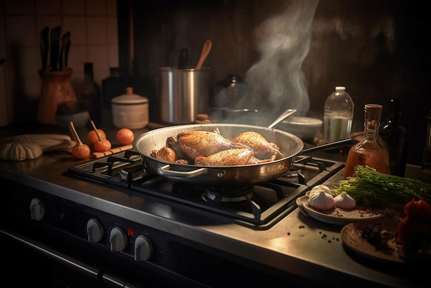 Un piatto appetitoso di cosce di pollo in padella in cucina Chef