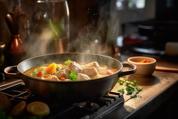 Un piatto appetitoso di cosce di pollo in padella in cucina Chef