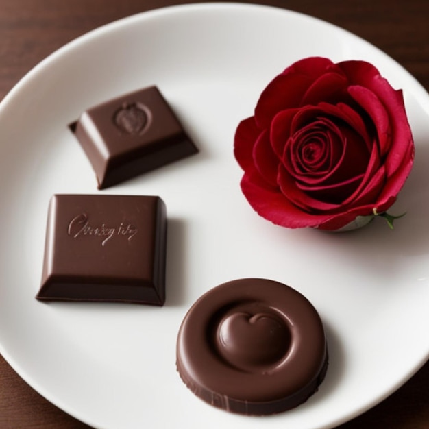 un piatto bianco con cioccolatini e una rosa rossa