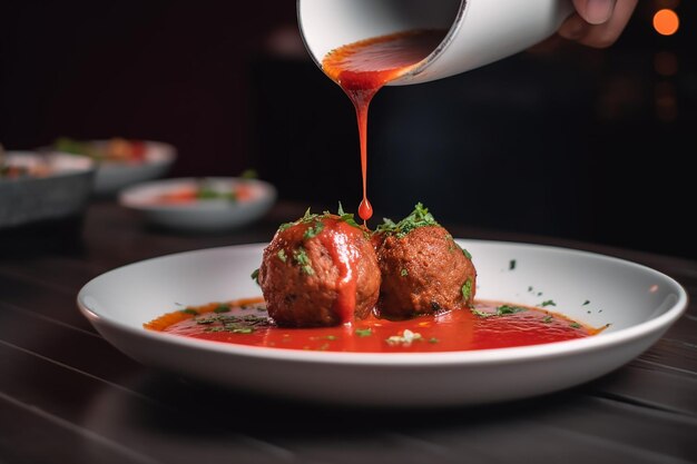 Un piatto bianco di deliziosa polpetta kofta con fotografia di salsa