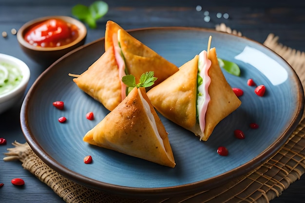 Un piatto blu con samosa con sopra uno stuzzicadenti