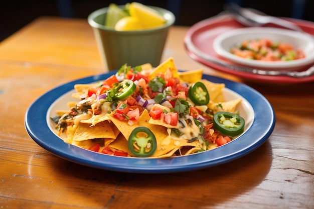 Un piatto colorato di nachos con jalapeos e formaggio fuso