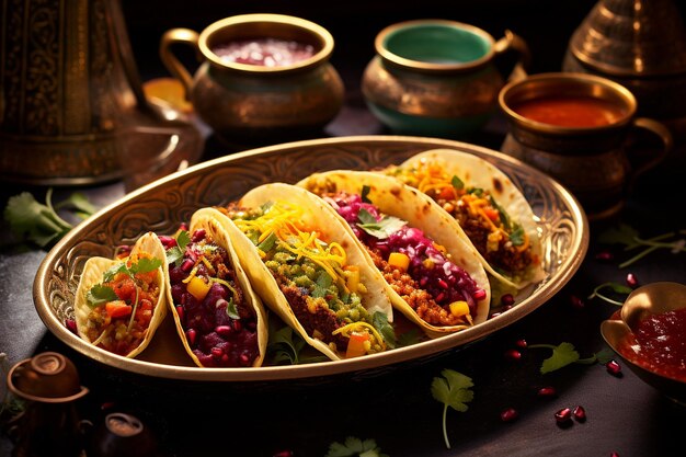 Un piatto colorato di tacos di strada in stile messicano con ripieni vari