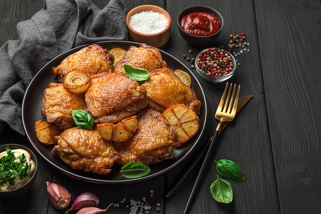 Un piatto con cosce di pollo fritte su uno sfondo di salse di spezie e aglio Vista laterale dello spazio della copia