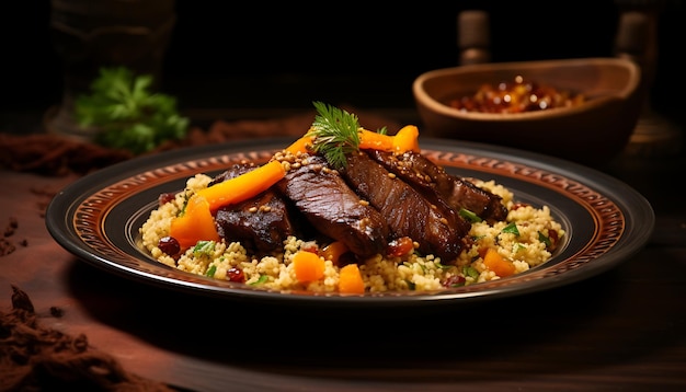 un piatto con couscous e carne sopra