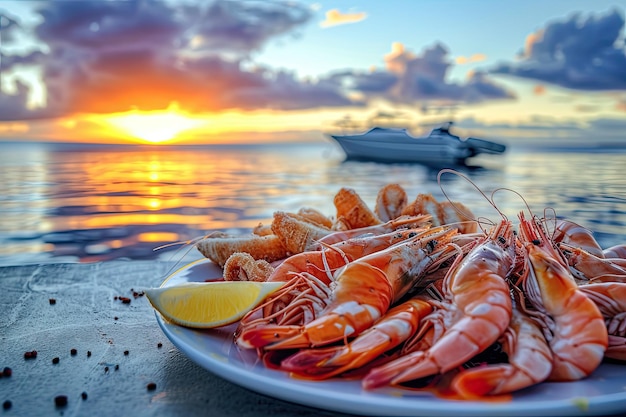 un piatto con frutti di mare gamberetti calamari ostriche aragoste vicino all'oceano