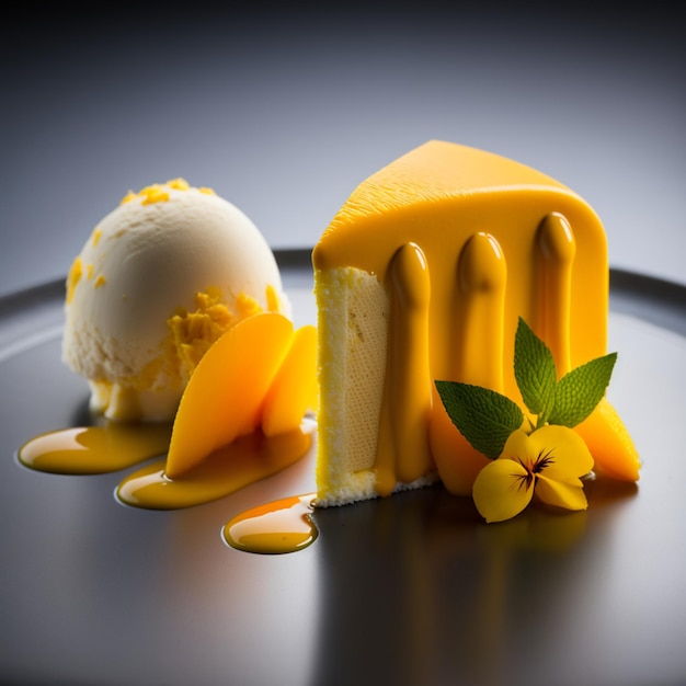 Un piatto con gelato al mango e una pallina di gelato alla vaniglia