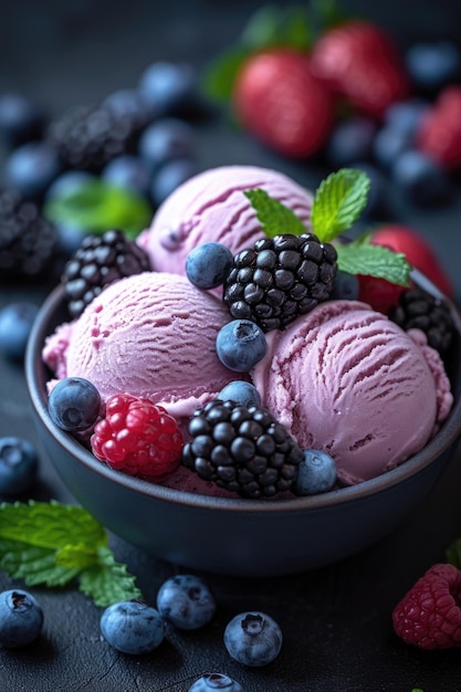 Un piatto con gelato di fragole rosa e bacche fresche su uno sfondo nero Vista dall'alto