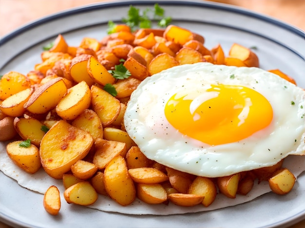 Un piatto con patate fritte e un uovo fritto decorato con prezzemolo