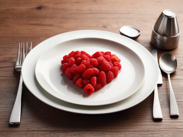 un piatto con sopra dei lamponi a forma di cuore, un cucchiaio e un coltello