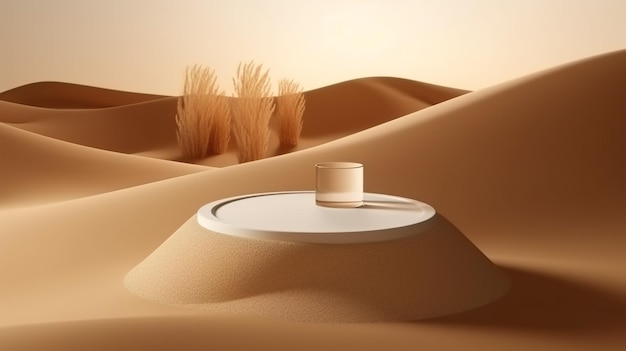 Un piatto con sopra un'acqua santa si trova su una superficie del deserto.