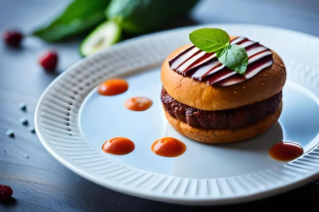 Un piatto con sopra un hamburger e un po' di salsa