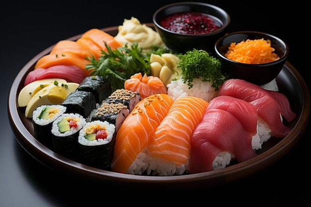 Un piatto con sushi sashimi e wasabi