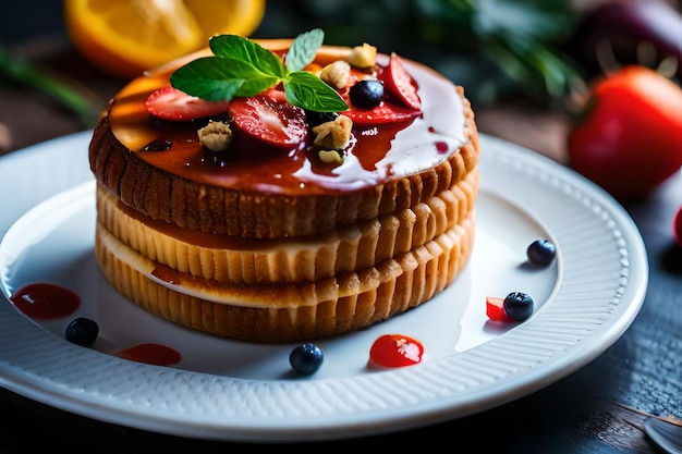 un piatto con un dessert su di esso e una frutta su di esso