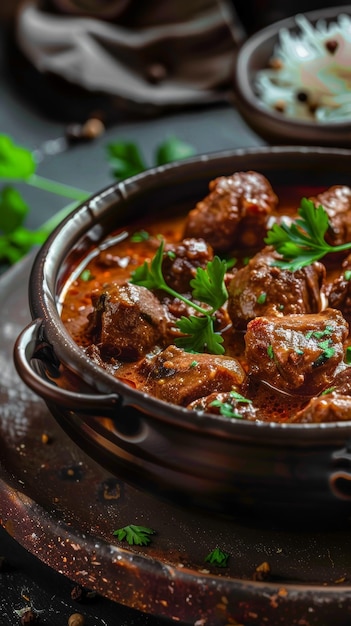 Un piatto con un'enorme porzione di stufato di manzo con pezzi di carne, verdure e salsa servito accanto a un mucchio fumoso di riso bianco