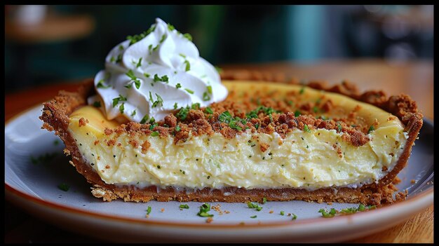 un piatto con un pezzo di torta con una glassa di formaggio alla crema