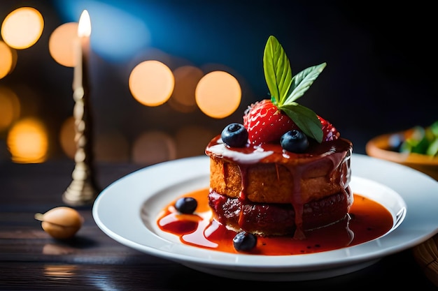 un piatto con una candela e una torta con delle bacche