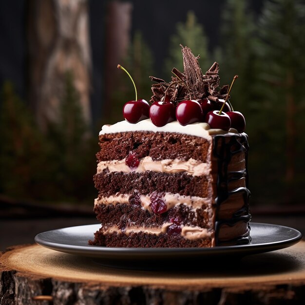 Un piatto con una fetta di gustosa torta di cioccolato fatta in casa sul tavolo