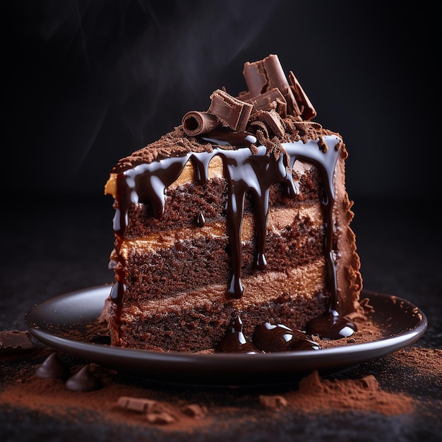 Un piatto con una fetta di gustosa torta di cioccolato fatta in casa sul tavolo