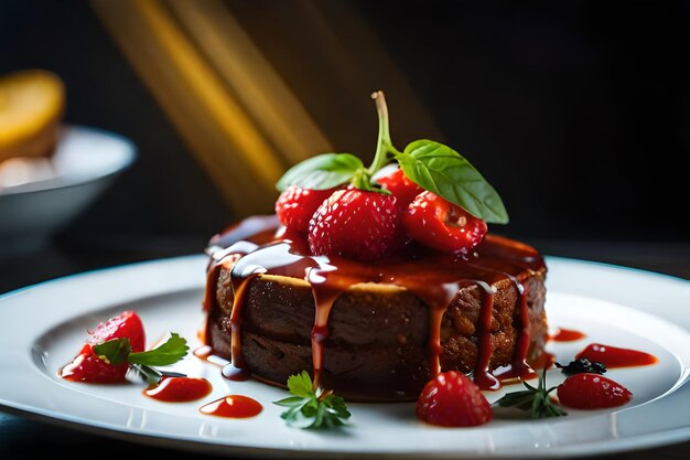 un piatto con una fragola e una torta di cioccolato