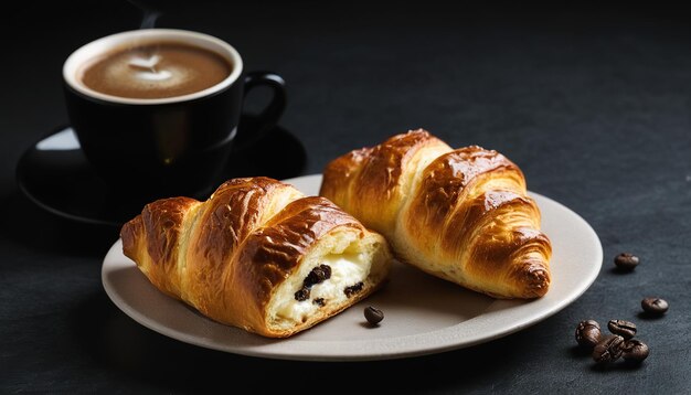 un piatto con una tazza di caffè e un croissant su di esso