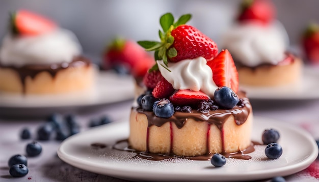 un piatto con una torta con fragole e una fragola su di esso