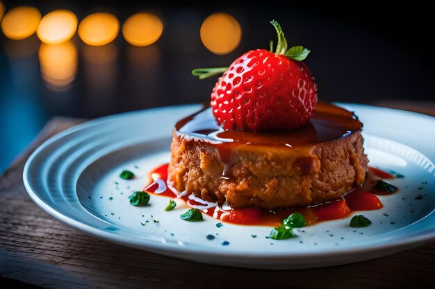 un piatto con una torta di fragole e una fragola su di esso