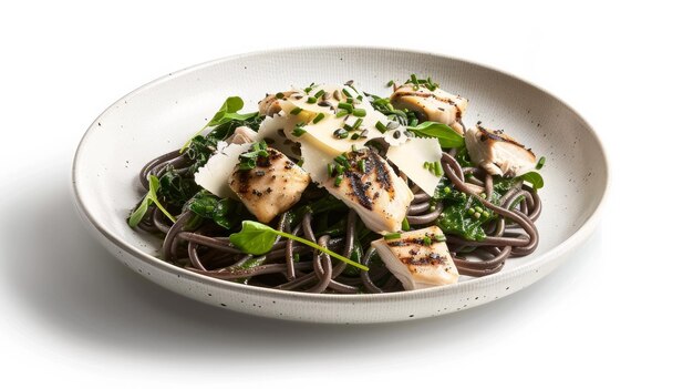 Un piatto costituito da pasta nera, formaggio di pollo e spinaci su uno sfondo bianco