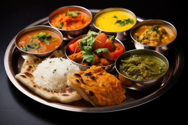 Un piatto d'argento mostra magnificamente una varietà di cibi deliziosi. Un thali indiano pieno di curry colorati e riso generato dall'intelligenza artificiale