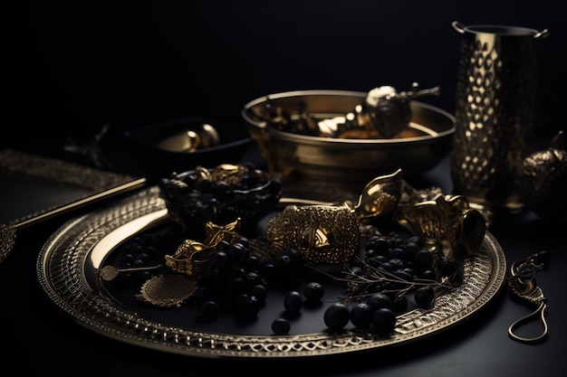 Un piatto d'oro con perline nere e una ciotola d'argento con una ciotola d'argento con sopra una tazza nera.